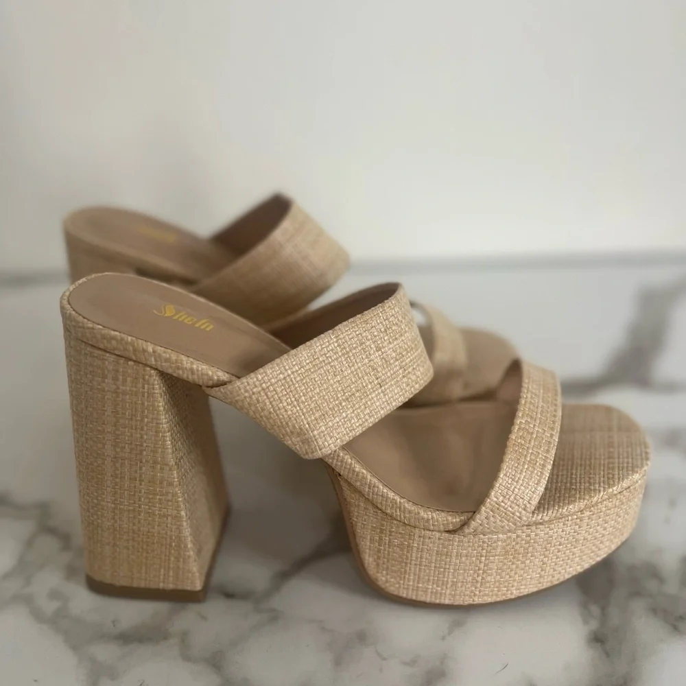 SHEIN Beige Woven Platform Block Heel Sandals - Picture 3 of 7